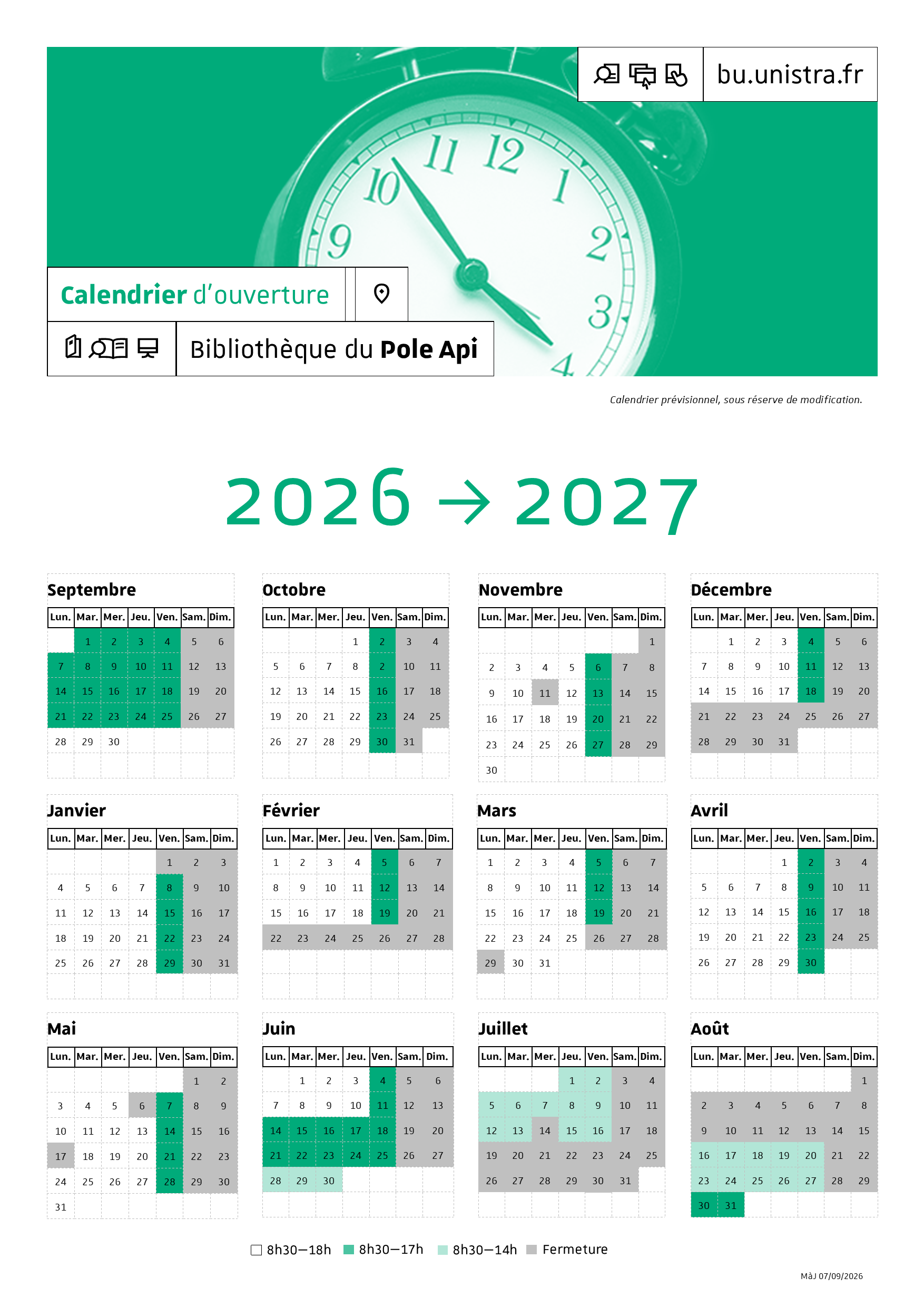 Calendrier pr&eacute;visionnel 2026 - 2027